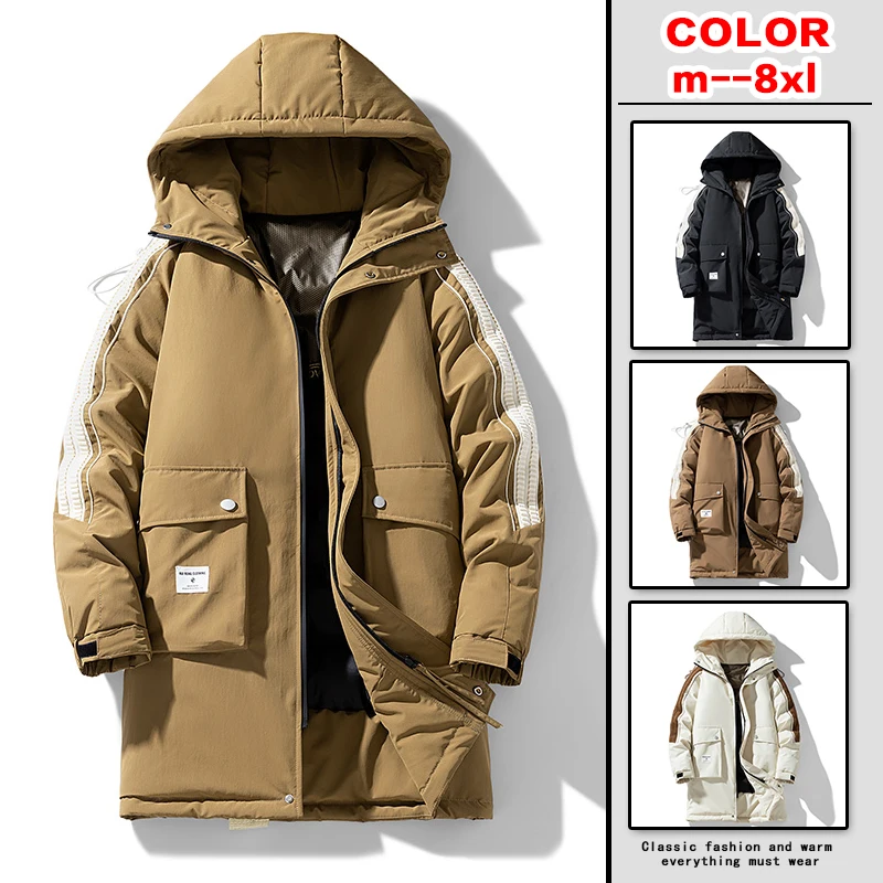 

2024 New Winter Jacket Collar Hooded Warm Down Coat Parka Men's White Duck Down Pocket Thickened Coat Fashion Long Coat M-8XL