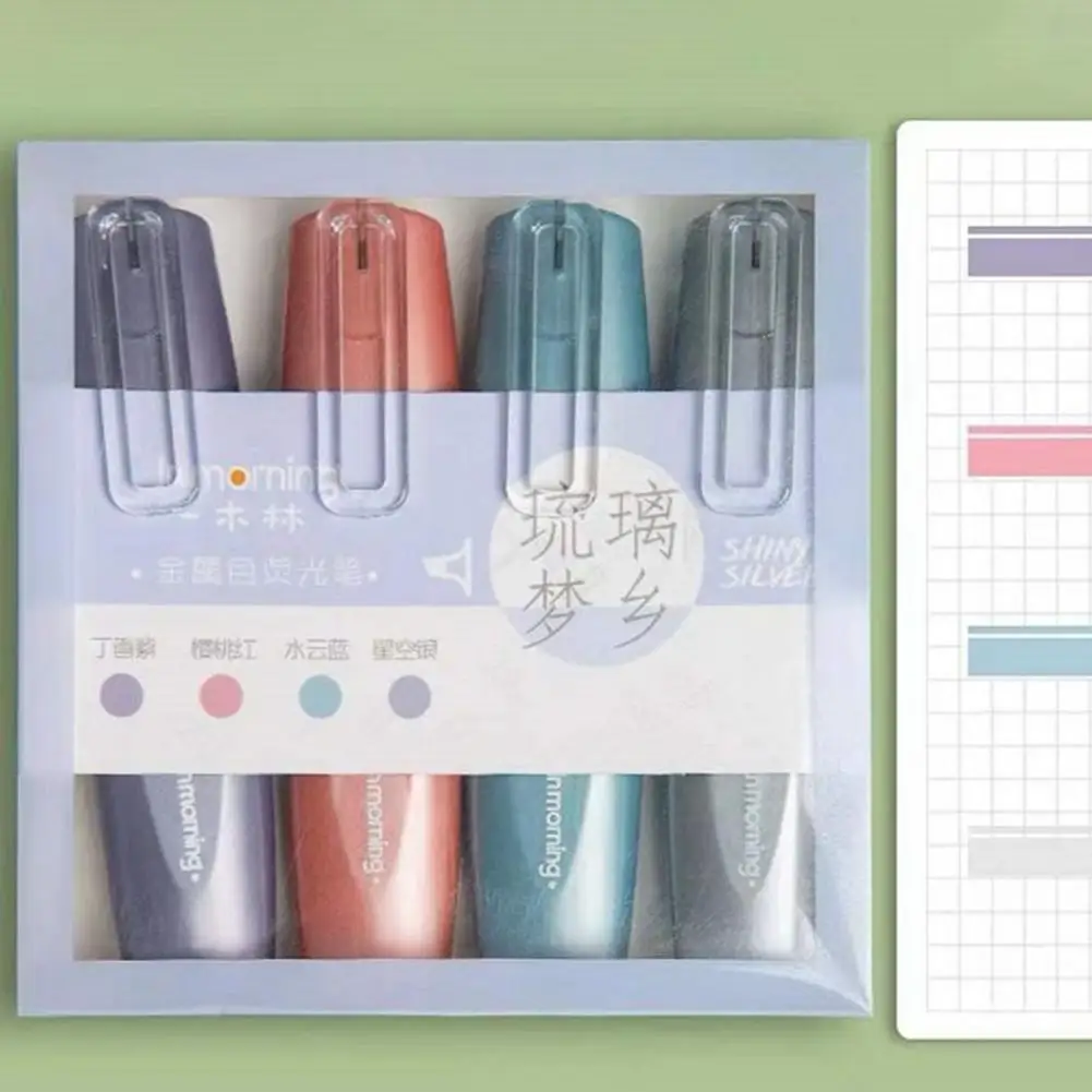 

4Pcs/Box Fluorescent Pen Glossy Chisel Tip Plastic DIY Scrapbooking Highlighter Marker for School Supplies Japanese Stationery