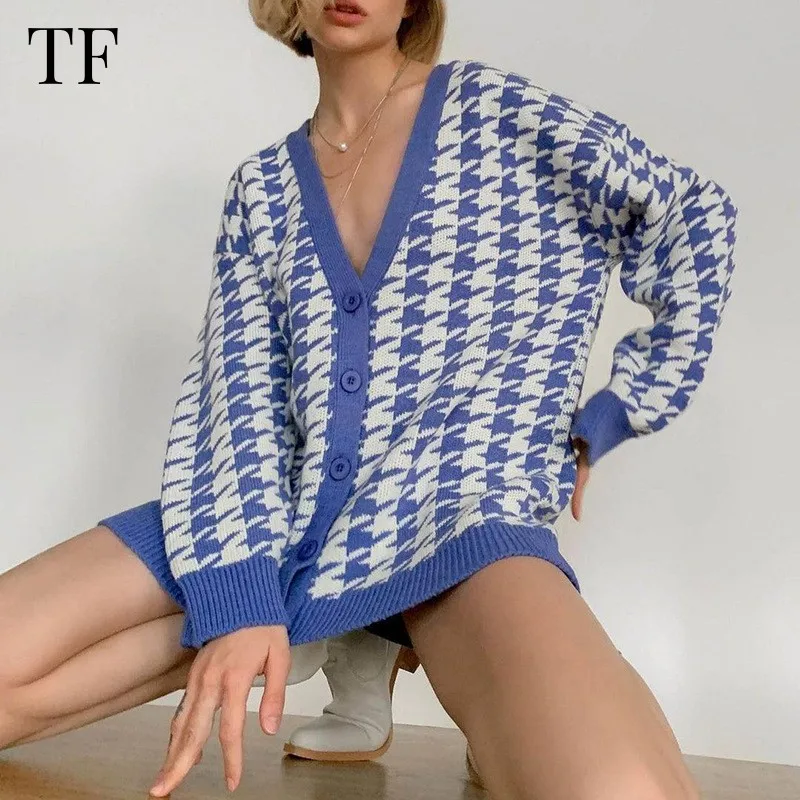 

2023 Houndstooth Knitted Cardigan Oversized Sweater Women Autumn Winter Vintage Contrasting Cardigans Fashion Casual Jumper Coat