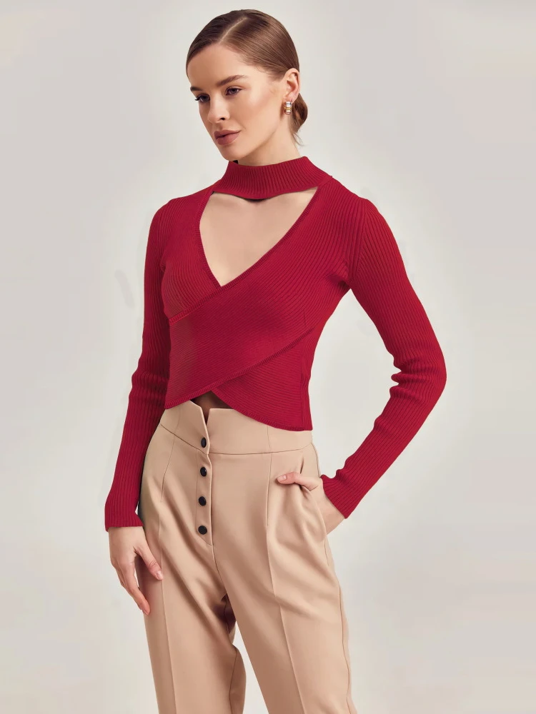 

Женский трикотажный топ в рубчик, однотонный облегающий короткий топ с V-образным вырезом и длинным рукавом, Осень-зима