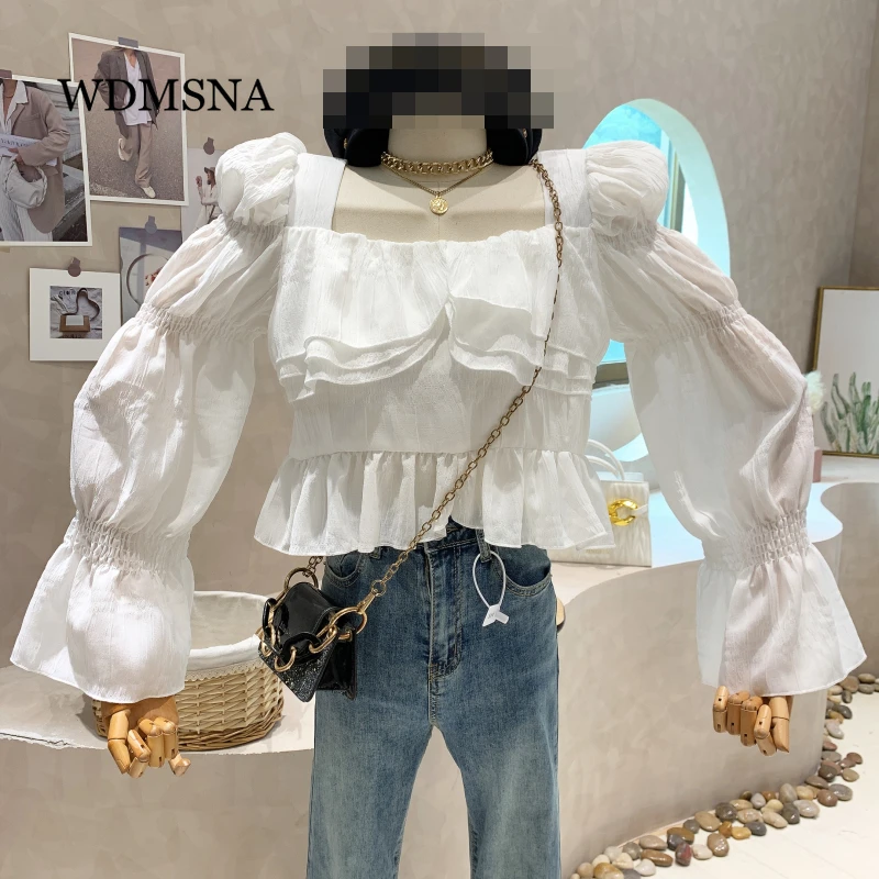 

WDMSNA, многослойные блузки с оборками, Женская однотонная Осенняя блузка с квадратным вырезом, элегантные блузы