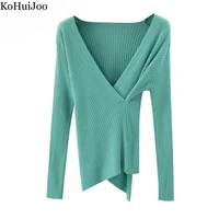 kohuijoo criss cross v neck sweater women korean 2022 spring autumn fashion sexy knitting tops pullover slim short fork sweater