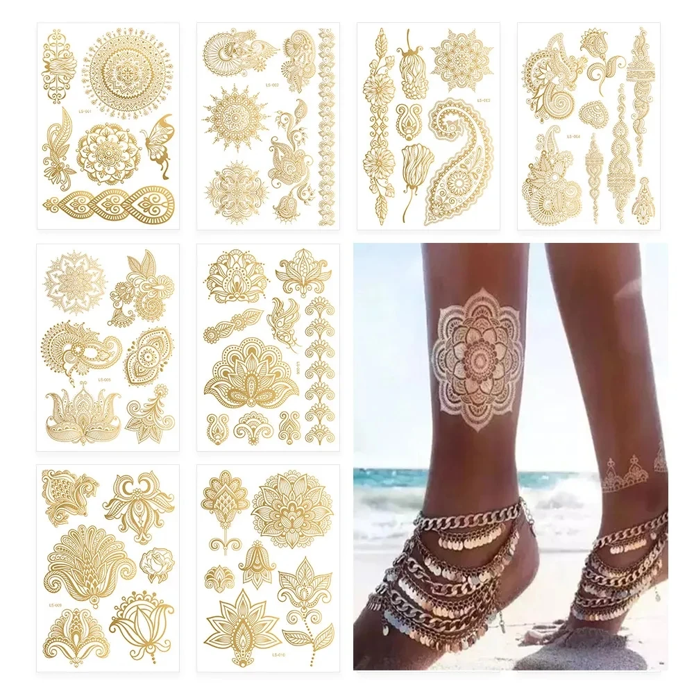 

Temporary Waterproof Lace Flower Tattoo Sticker Mandala Lace Long Lasting Glitter Gold Bride Wedding Body Art Decorations Тату
