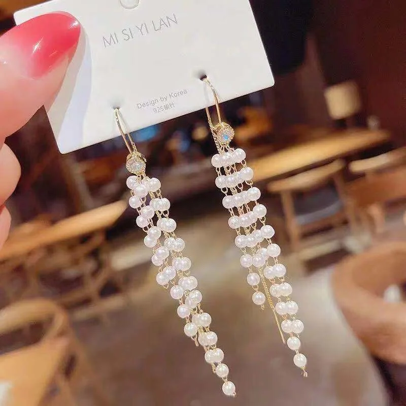 

Simple niche temperament fashion design zircon earrings ladies pearl tassel earrings party luxury gift earrings earrings