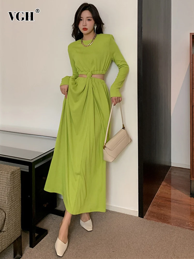 

VGH Casual Cut Out Green Dress For Women Round Neck Long Sleeve Patchwork Pockets Midi Dresses Female 2022 Spring Fashion Style