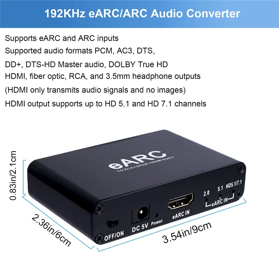 Фото HDMI EARC ARC Audio Extractor 192 кГц EARC в RCA аудиоконвертер цифро-аналоговый адаптер для DTS Dolby Atoms AC3 LPCM Fiber №4