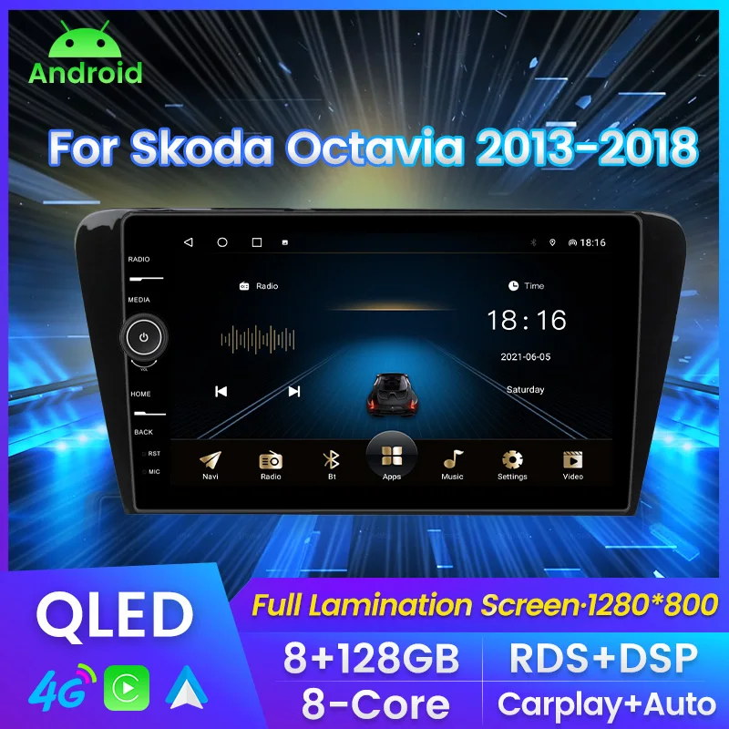 

8G+128G Car Stereo Radio For Skoda Octavia 3 A7 2013-2018 Multimedia Video Player Navigation GPS 2 Din 4G WiFi Audio DVD QLED