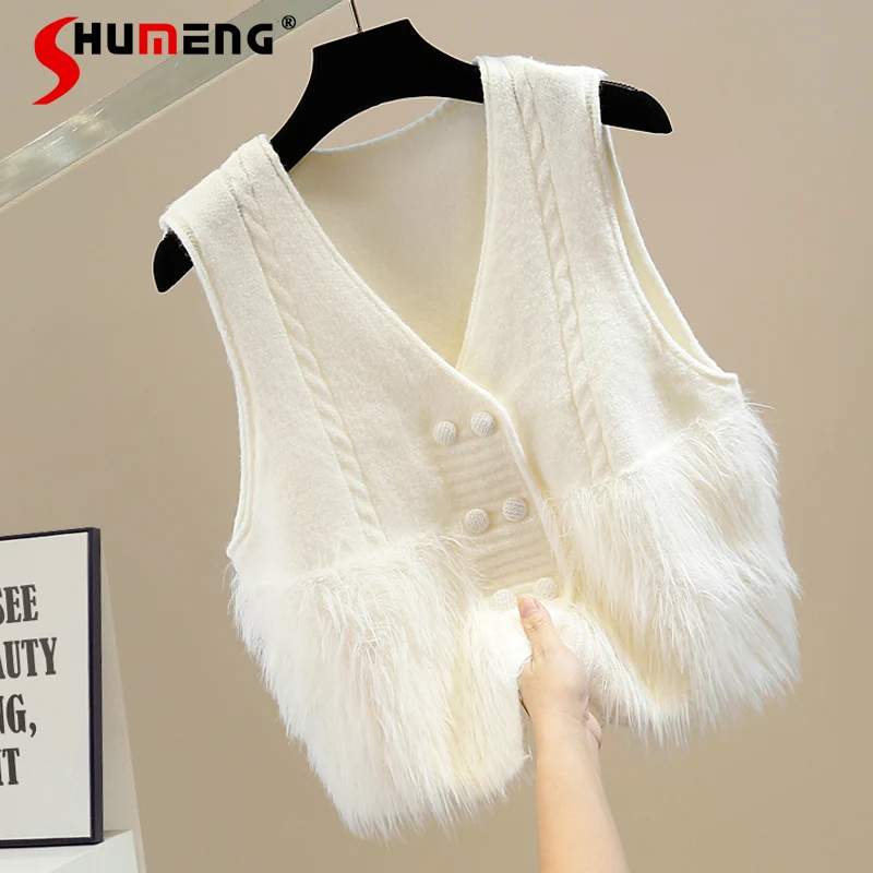 

Irregular Double Breasted V-neck Short Sleeveless Sweater Vest Women's Loose Knitwear Waistcoat Top 2023 Fall Winter Knit Vests