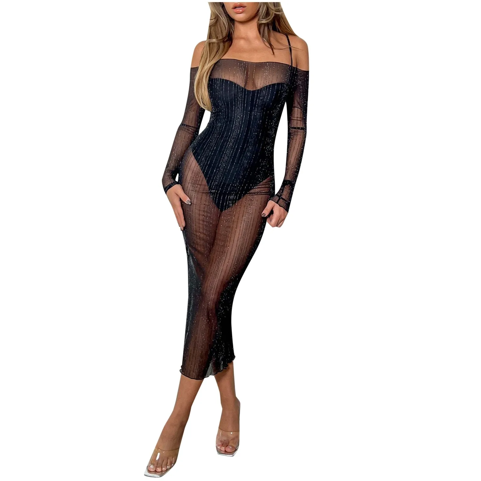 Прозрачное Черное Сетчатое прозрачное облегающее платье женское сексуальное