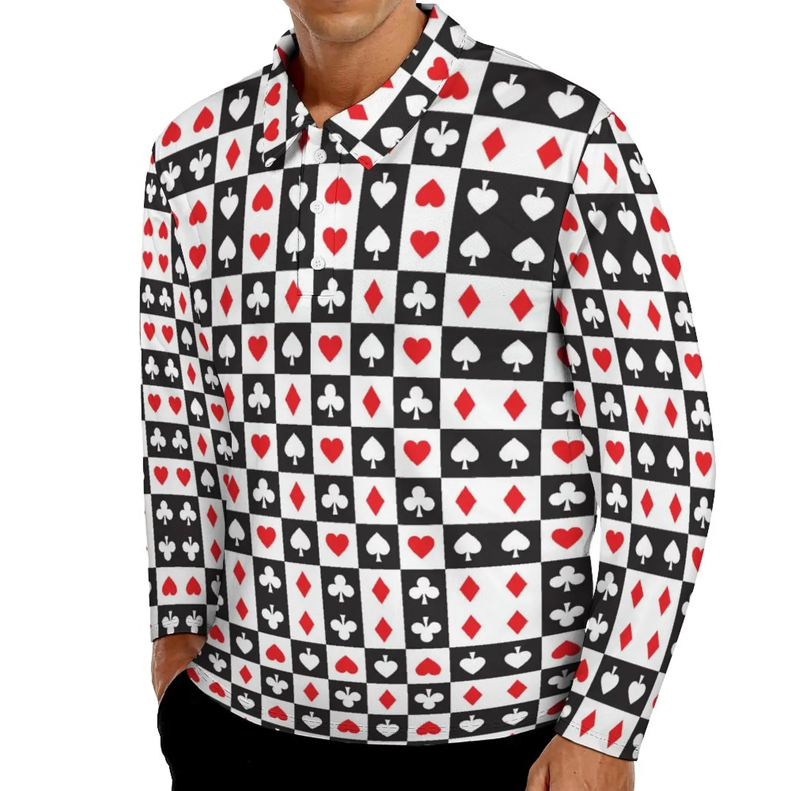 

Heart Playing Cards Casual T-Shirts Mens Poker Long Sleeve Polo Shirts Collar Y2K Autumn Pattern Shirt Plus Size 5XL