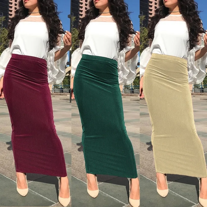 

Женская трикотажная облегающая юбка, Длинная коричневая винтажная тянущаяся юбка в полоску, до щиколотки, на все сезоны, 2021