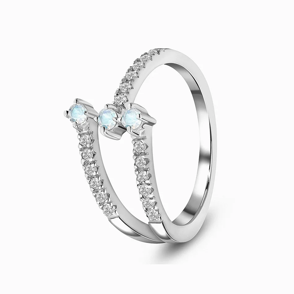 

925 Sterling Silver Fashion Diamond Multi-level Niche Design Geometric Opening Adjustable Moonstone Ring Wedding Jewelry