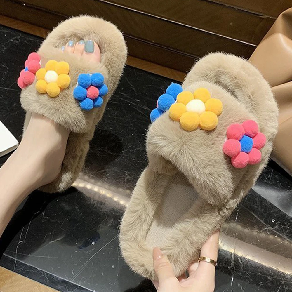 

Winter Fur Women Slippers Flowers Plush fluffy Home Slippers Women Cozy Warm Furry Indoor House Shoes Platform Flip Flops ks155