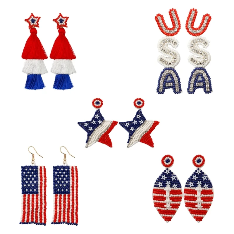 

1 Pair Patriotic Seed Beads Red/White/Blue USA Letter Earrings American Independence Day Earrings Star Tassel Jewelry