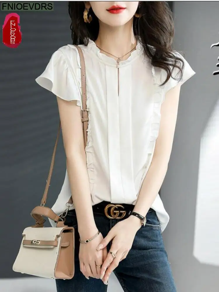 

2022 New Clothes Elegant Blusas Eurepean Style Women Summer Blouse Office Lady Ruffles Tops Retro Vintage White Shirts