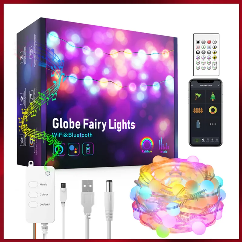 

Светодиодная гирлянда с Wi-Fi и круглыми лампочками, уличная LED лента RGB для украшения рождественской елки, работает с Alexa Google