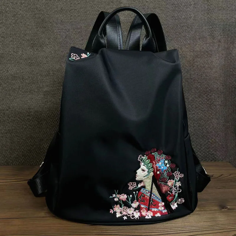Biyang Style Embroidery Backpack Women's Bag Embroidered Black Casual All-Match Waterproof Fabric Jushi Shoulde
