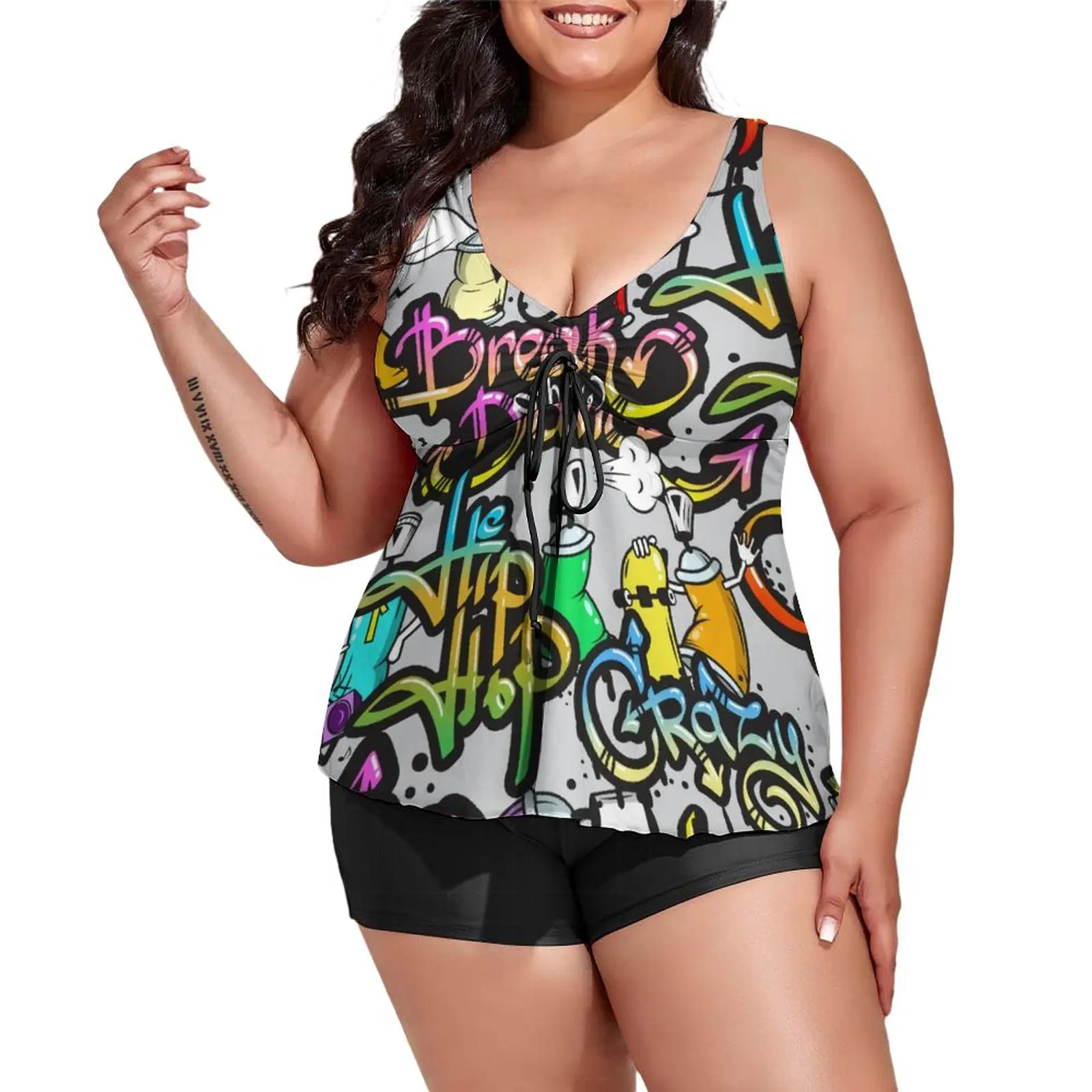 

Word Graffiti Tankini Swimsuit Hip Hop Print Fitness Swimwear Two-Piece Classic Swimsuits High Waist Beach Wear Plus Size 5XL
