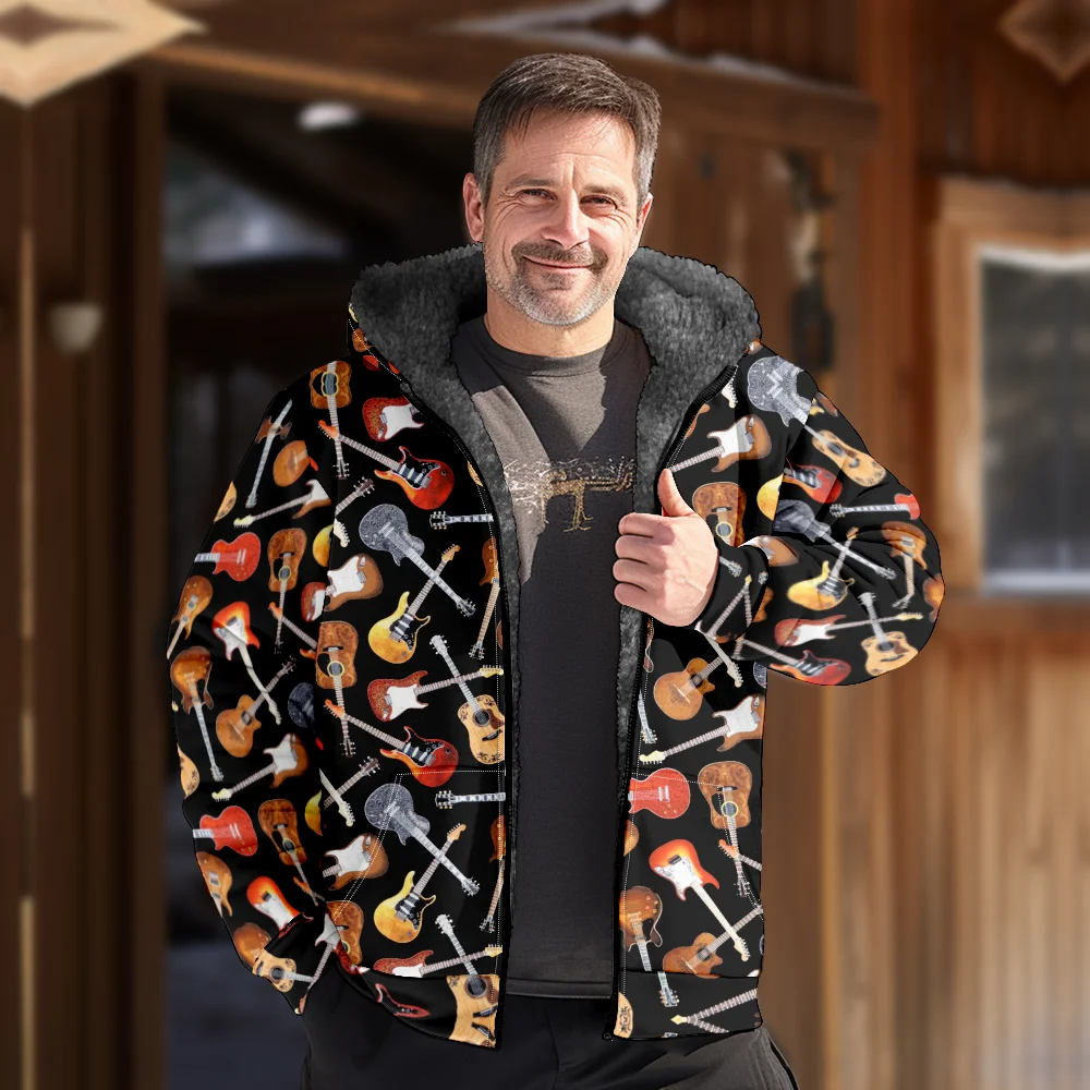 Men's Winter Jackets Coats creative guitar Pattern Cotton Clothes Overcoat Thermal Korean Daily