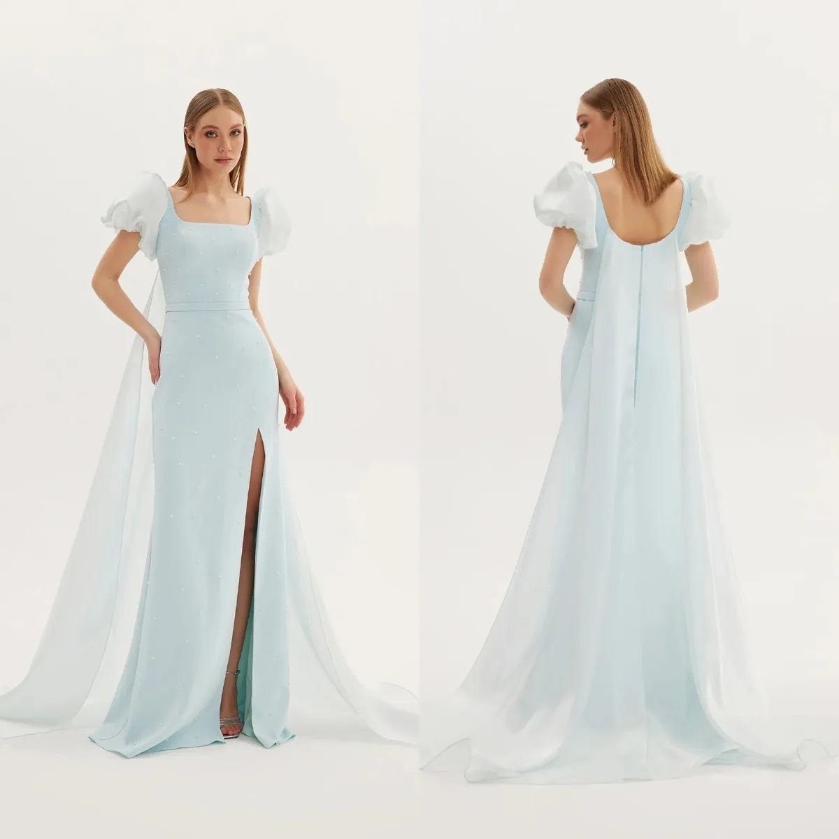 

Elegant Sky Blue Evening Dresses Pearls Square Neck Prom Gowns with Shawl Sexy Side Split Graduation Wedding Guest Party Dresses