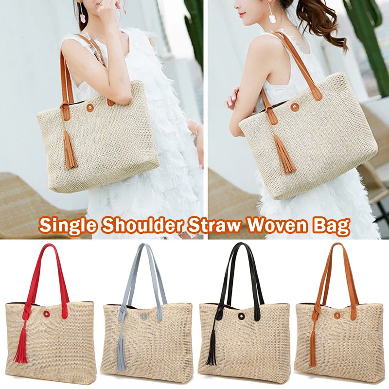 

Fashion Women Boho Woven Handbag Summer Beach Tote Straw Bag Rattan Bag Stylish Beach Straw Bag Simple Shoulder Bag