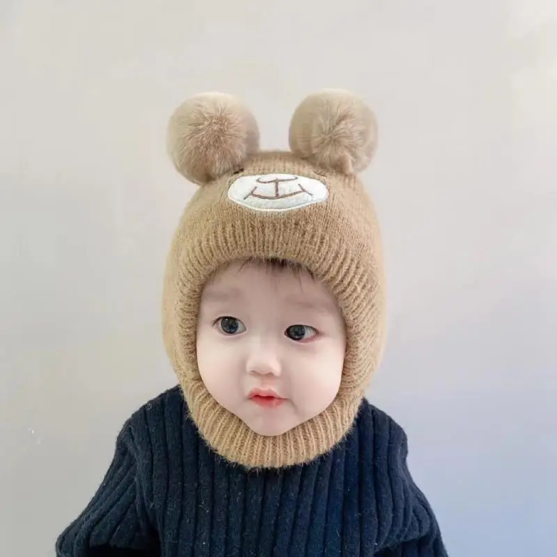 

Beanies Baby Ring Hat Pompom Winter Children Hats Knitted Cute Cap for Baby Girls Boys Warm Fleece Lining Earflap Caps for Kids