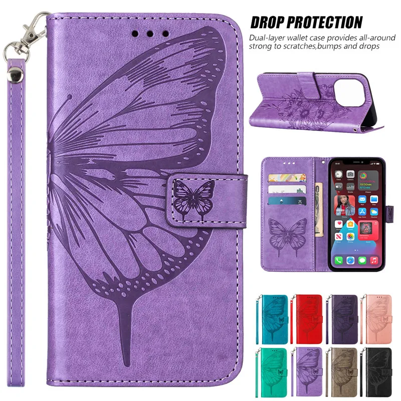 

Butterfly Wing Lanyard Leather Phone Case for iPhone 14 13 Mini 12 Pro 11 X XR XS Max SE 6 6S 7 8 Plus Bracket Wallet Card Cover