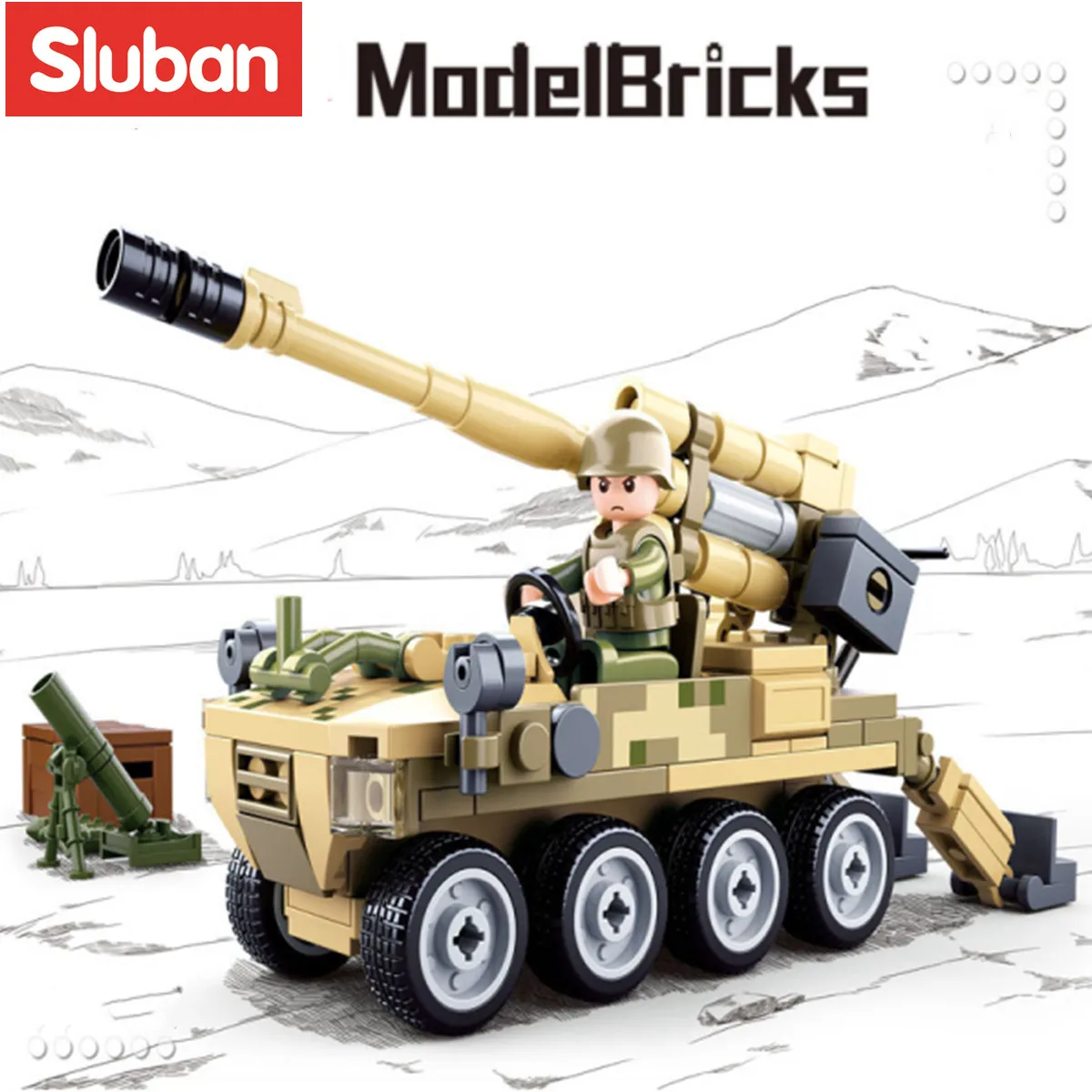 Sluban Building Block ของเล่น Morden ทหาร120ล้อ Self-Propelled Artillery 159PCS อิฐ B0751กองทัพรถบรรทุกก่อสร้าง Kiit