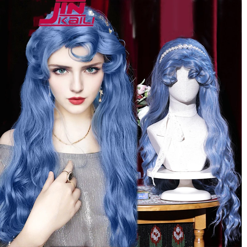 

JINKAILI 80cm Synthetic Long Curly Cosplay Wig With Bangs Blue Light Blonde Lolita Wig Women Halloween Cosplay Wigs Female Wig