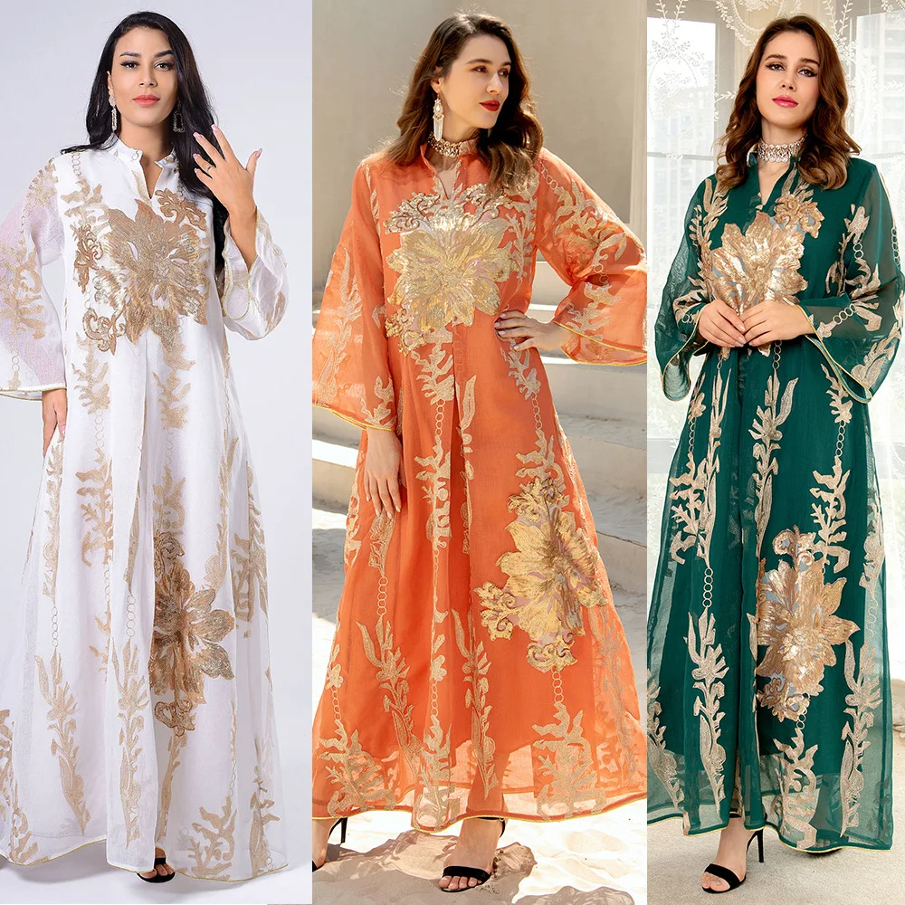 Длинное платье макси для женщин в мусульманском стиле Средний Восток с золотыми блестками и вышивкой из пряжи для мусульманской женщины ...