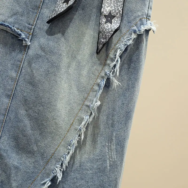 Юбка-трапеция Женская средней длины ассиметричная джинсовая юбка с завышенной