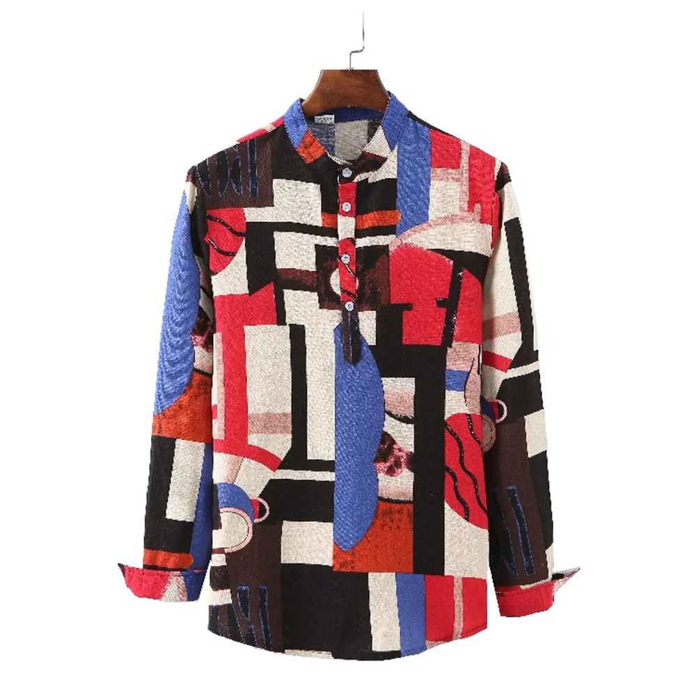 26 Colors Men's Stand Collar T-shirt New Cotton Linen Style Long-Sleeved Shirt Ethnic Print Blouse S-2XL