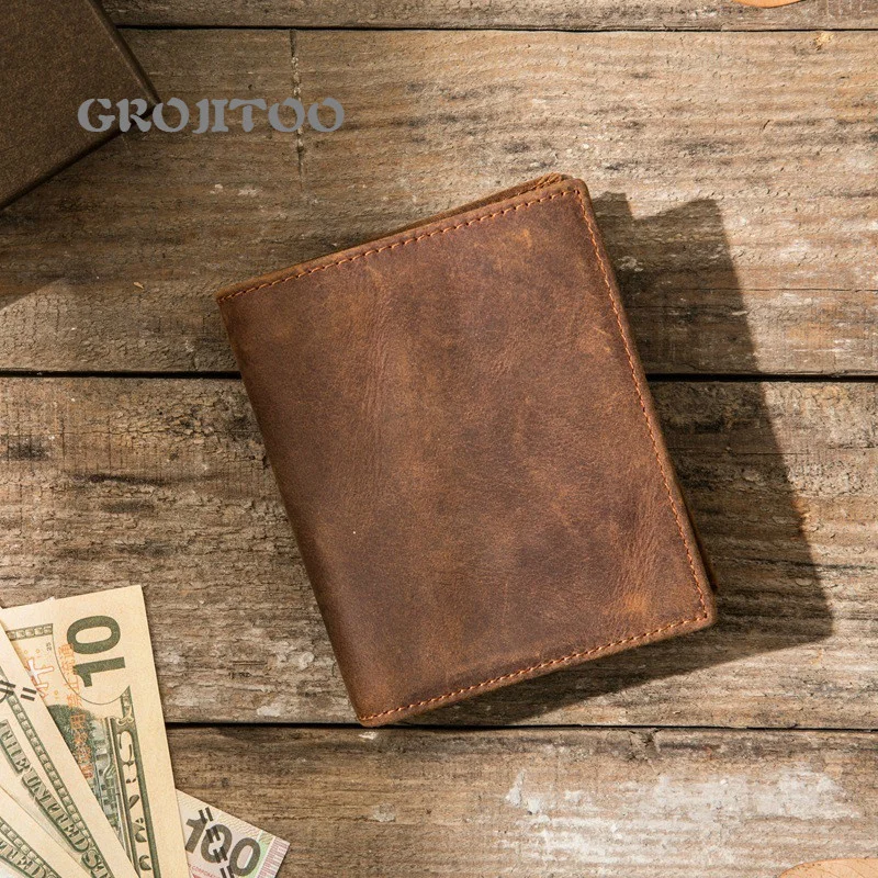 

Кожаный кошелек ручной работы GROJITOO из воловьей кожи с верхним слоем, вертикальный мужской кошелек, простой Женский кошелек из старой кожи