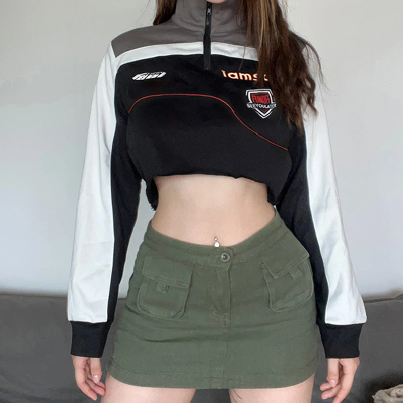

Spring Fashion Loose Moto Biker Style Contrast Color Print Long Sleeve Women Casual Pullover Outwear Girl Short Sweatshirts