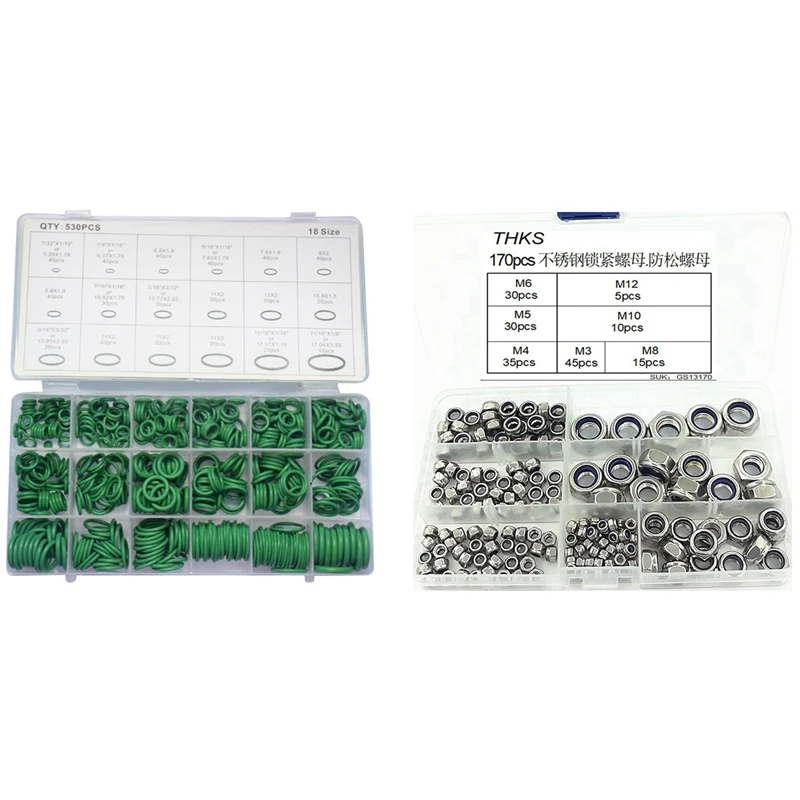 

170Pcs 7 Sizes Nut Assortment Kit M3 M4 M5 M6 M8 M10 M12 With 530Pcs O-Ring Automotive Air Conditioning Rubber Box Set