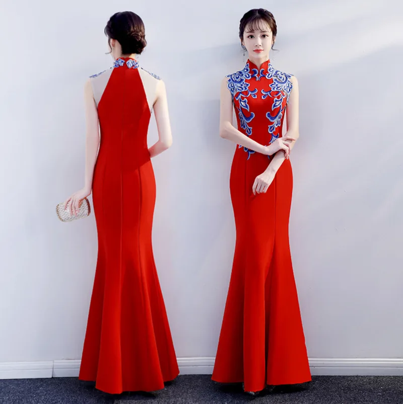 Бело-синее и фарфоровое платье Cheongsam без рукавов для банкета рыбий хвост молодых