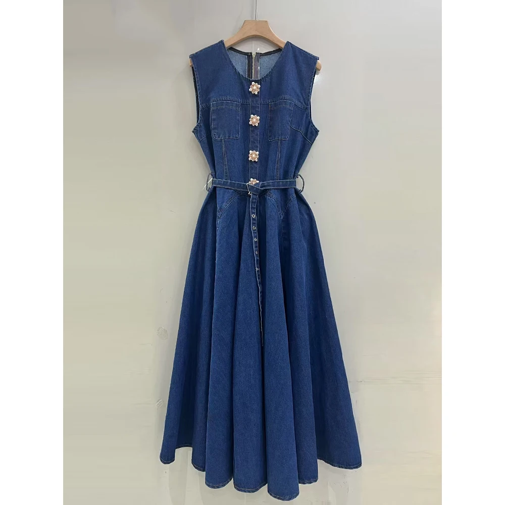AELESEEN элегантное синее джинсовое платье женское летнее без рукавов с