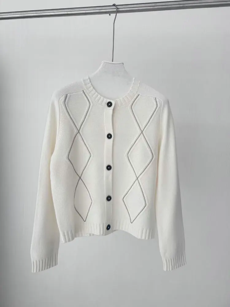 Осенний женский кардиган с ромбическим бисером B * C 100% шерсть однобортный