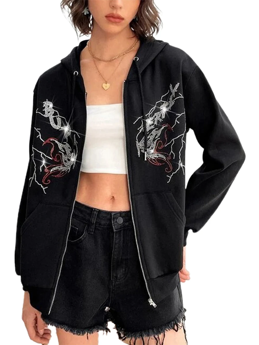 

Women Hoodie Sweatshirt Casual Rhinestone Skull/ Butterfly Long Sleeve Zip Up Jacket with Pockets Spring Autumn Streetwear