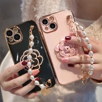 luxury metal pearl wrist strap soft case for iphone 13 12 pro max case for iphone camellia pearl bracelet case case