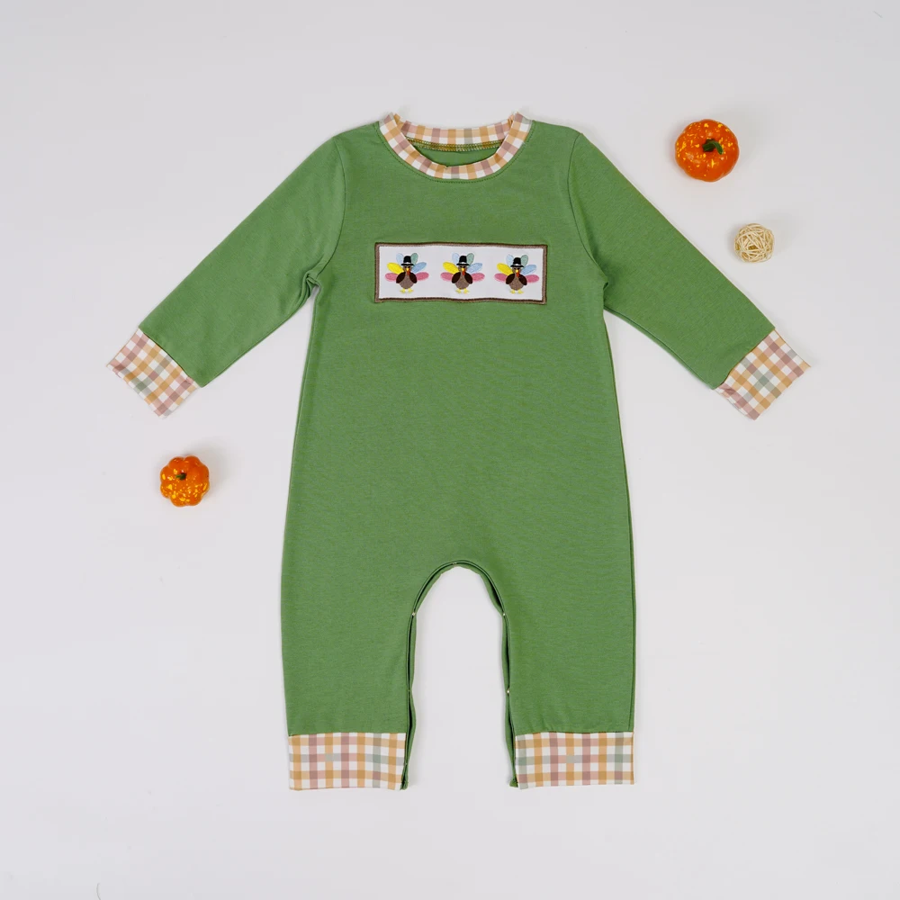 

Thanksgiving Round Neck Jumpsuit Green Rompers With Cartoon Turkey Embroidery Long Sleeve Spring Fall Pajamas For 0-3T Baby Boys
