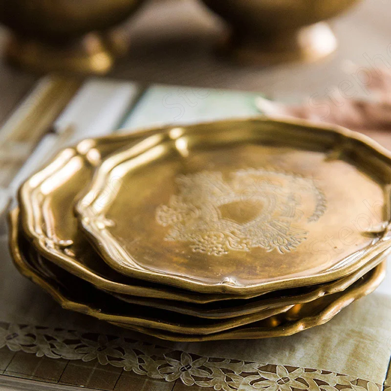 

American Pastoral Brass Trays Decorative Luxurious Vintage Carved Coffee Table Tray Jewelry Necklace Display Plate Home Decor