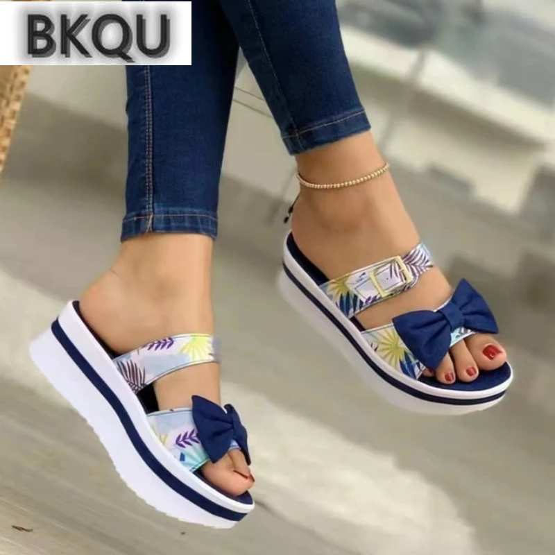 

Slippers Women Summer New 2022 Fashion Bow Flats Platform Sandals Woman Open Toe Flip Flops Outdoor Casual Beach Shoes Female