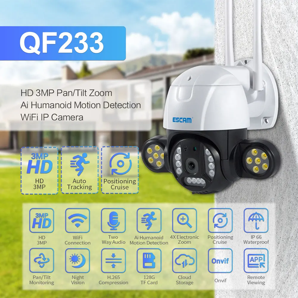 

ESCAM QF233 3MP WIFI IP Camera Outdoor Full Color Night Vision ONVIF Waterproof Security Speed Camera Motion Detection