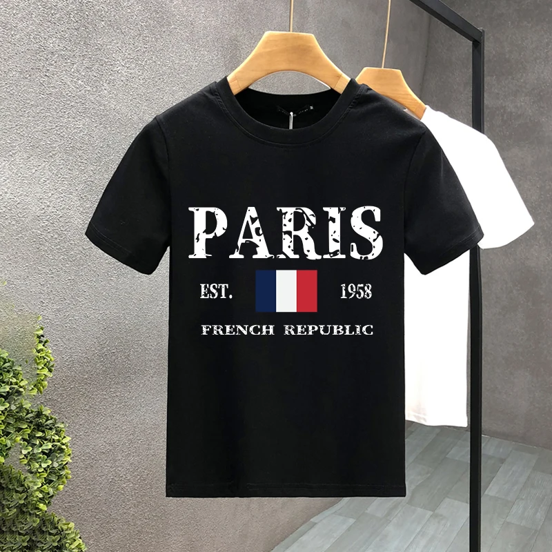 

100% Cotton Men T-shirt Oversized Luxury Brand Tops Tees Flag of Paris Print T Shirt Casual Clothes Short Sleeve Women Top