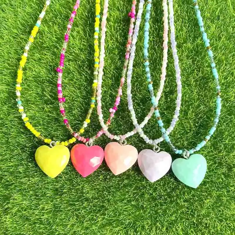 

38cm Necklace With Resin Pendant Colorful Heart For Child Bohemia Handmade Rainbow Seed Beads Simple Choker Jewelry Gifts