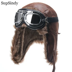 Imported SupSindy Men Winter Bomber Hat With Goggles Outdoor Motorcycle Windproof Warm Faux Fur Pilot Earflap