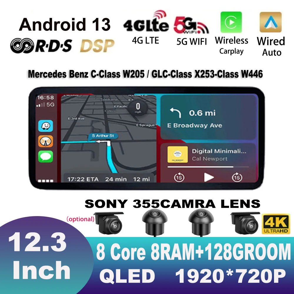 

Для Mercedes Benz C-Class W205 / GLC-Class X253-Class W446 2016 -2018, автомобильное радио, GPS-навигация, Видео Стерео 12,3 ", Android 13