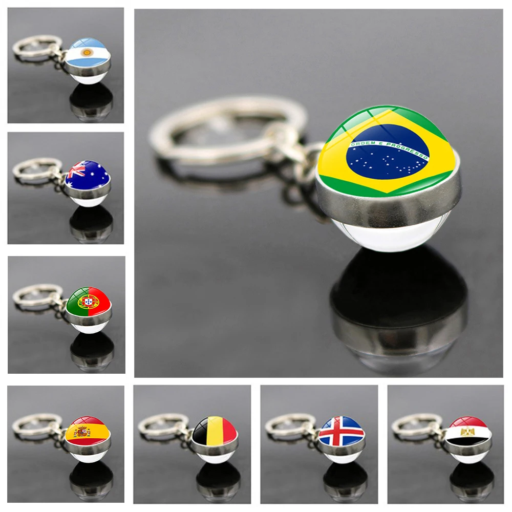 

Brazil Spain Portugal Argentina Italy Germany Flag Football Keychain Glass Cabochon National Keyring Serbia Soccer Key Jewelry