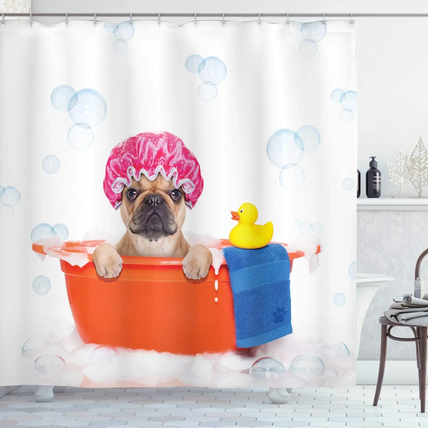 

Dog Lover Shower Curtain French Bulldog Having a Bath in Tub Rubber Duck Theme on Bubbles Background Cloth Fabric Bathroom Decor